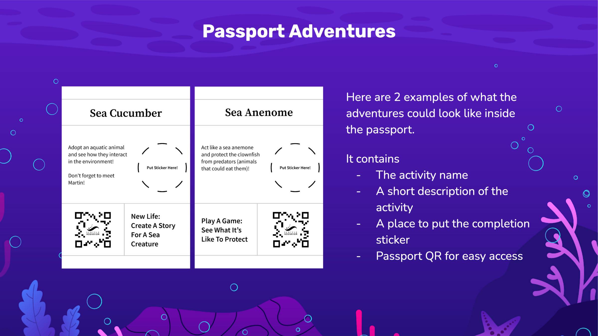 Two passport adventure pages that contain: the activity name, short description of the activity, a place to put the completion sticker, and the passport QR code for easy access.